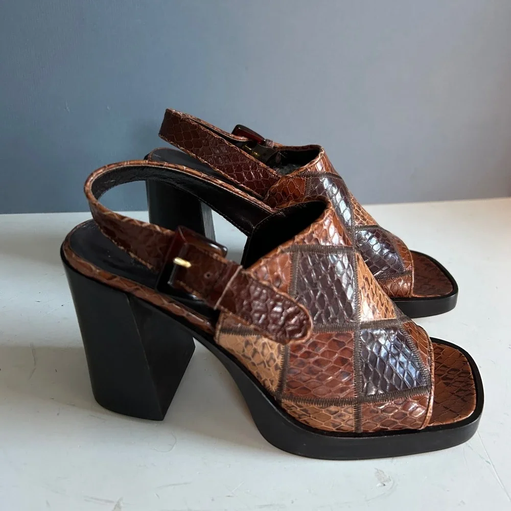 Y2K Via Spiga Patchwork Snakeskin Slingback Block Heel Sandal Brown Size 7 Italy